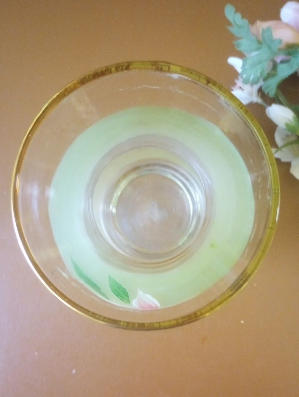 Vintage Glass Vase w/ Pink, Green & Red Painted Floral Design & Gold Trim